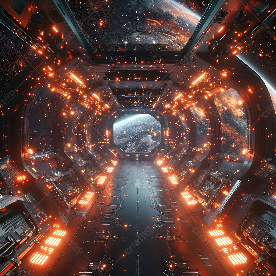 Interior de Nave Espacial com Vista da Terra