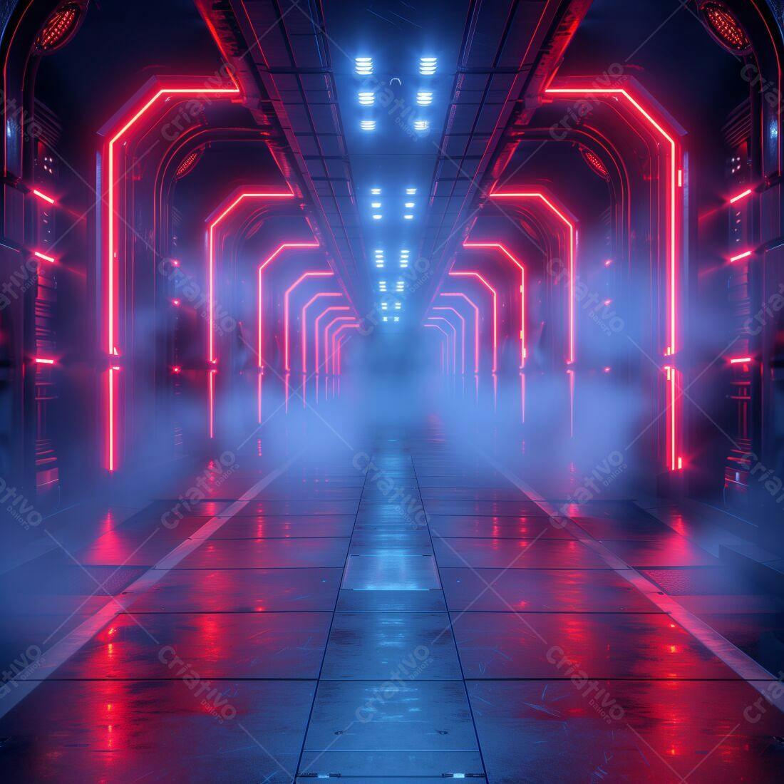 Corredor futurista com luzes neon vermelho e azul