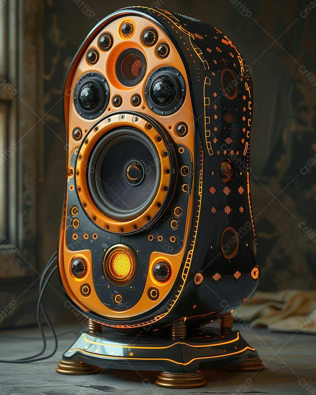 Caixa de Som futurista com detalhes dourados