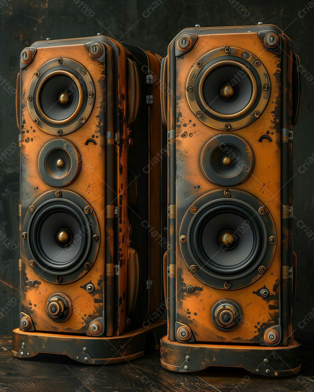 Caixas de som estilo steampunk laranja e preto