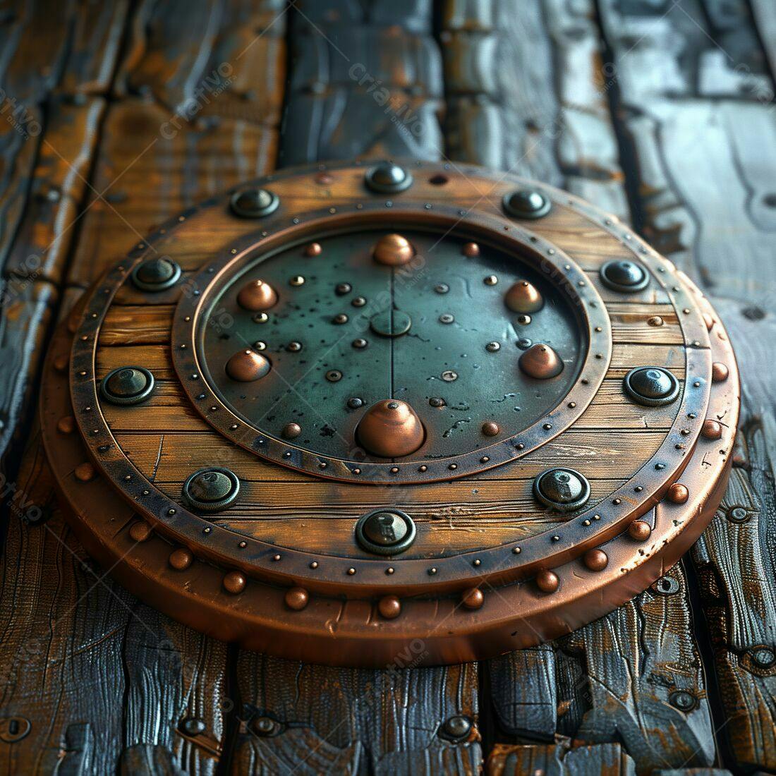 Escudo de madeira e cobre estilo steampunk