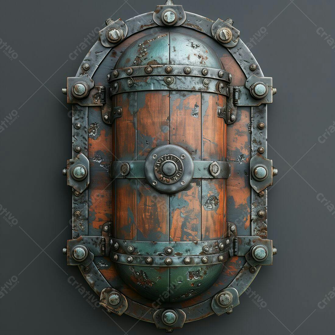 Escudo de madeira e metal estilo steampunk