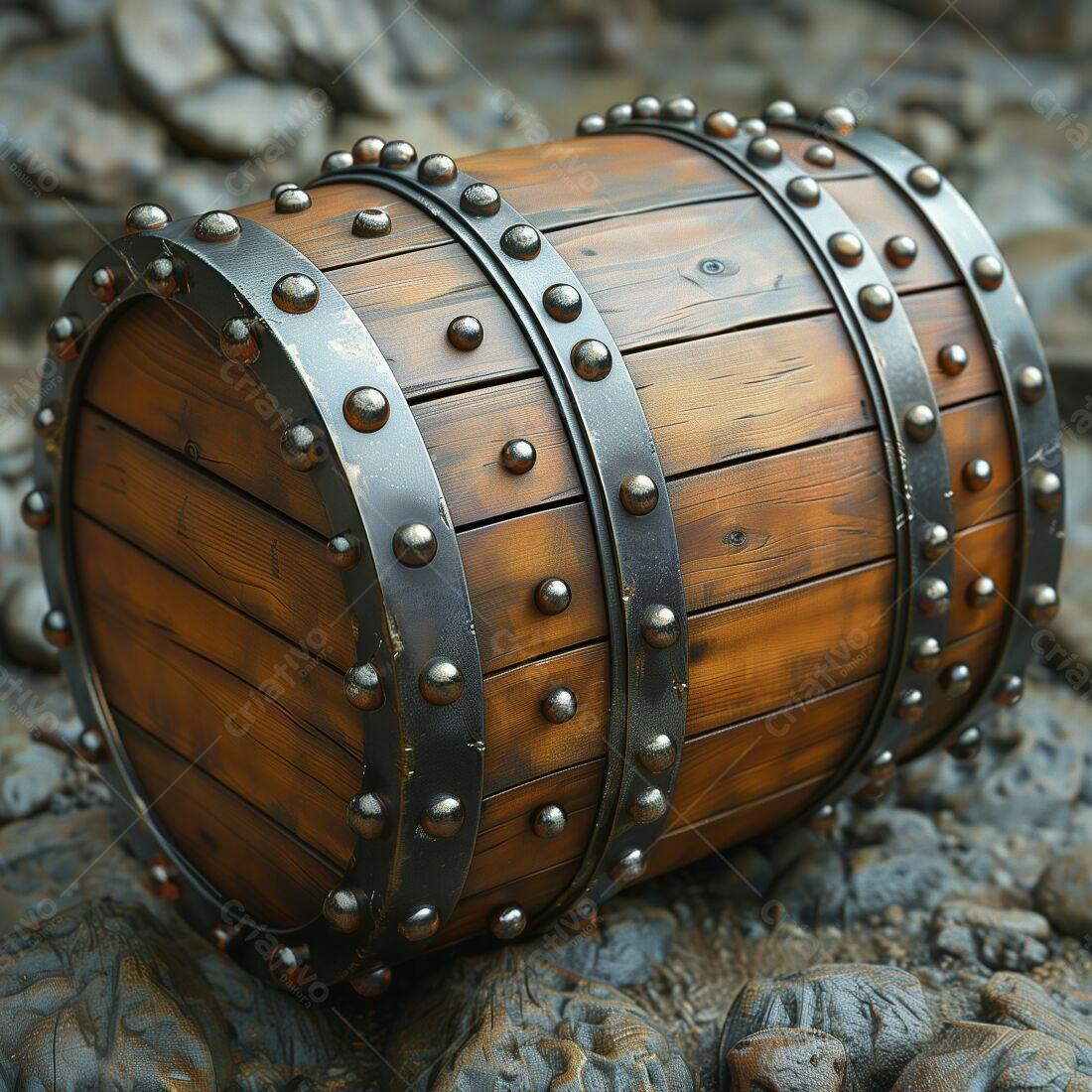 Barril de madeira antigo com detalhes em metal