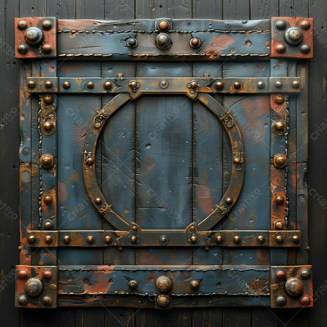 Porta de madeira estilo steampunk com detalhes em cobre
