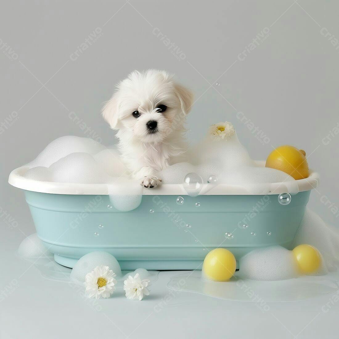 Cachorro Maltês em Banho de Espuma