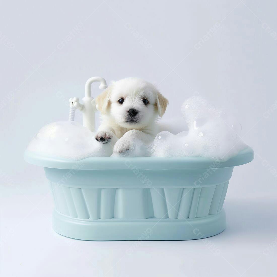 Cachorro branco em banheira de espuma
