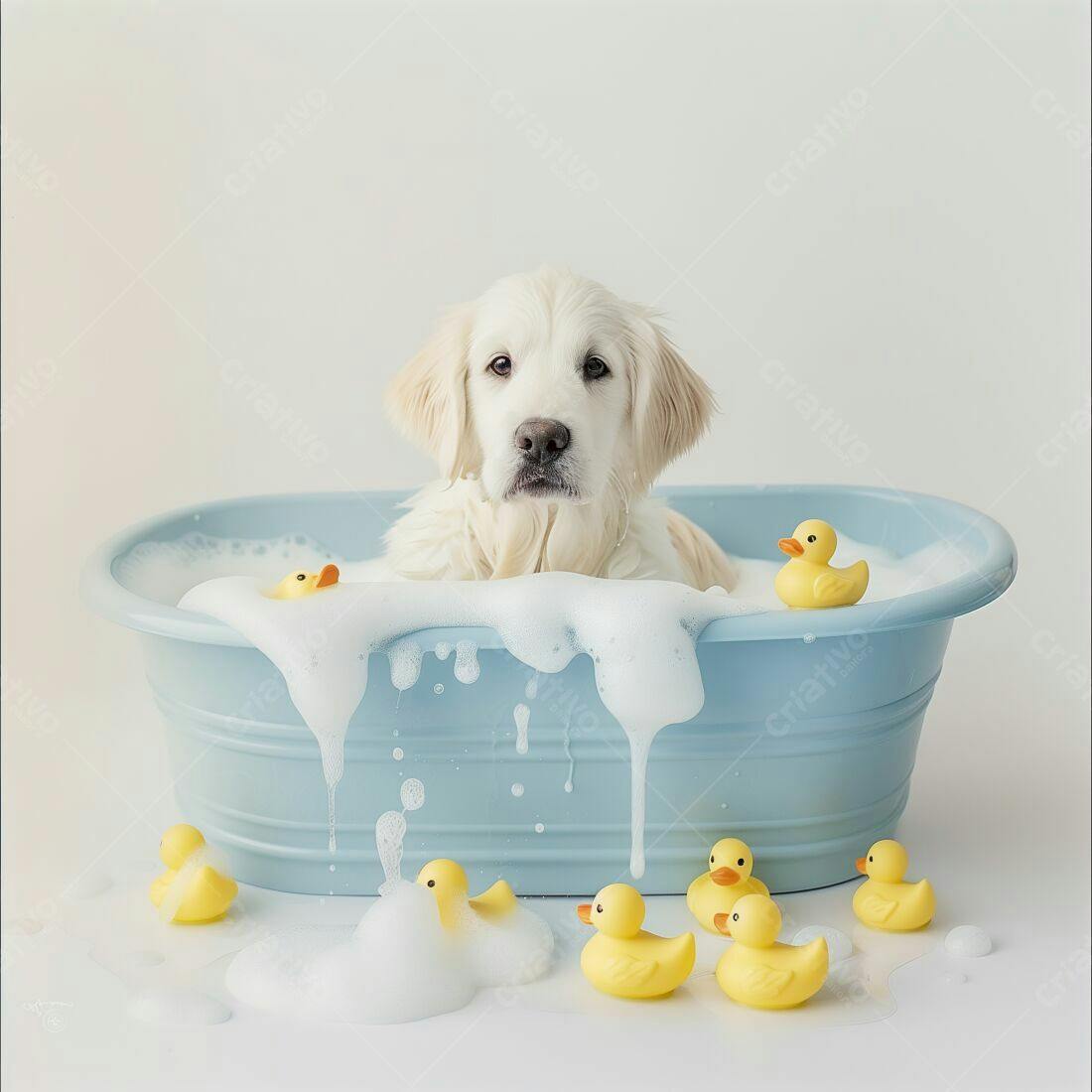Golden Retriever em banho de espuma com patinhos