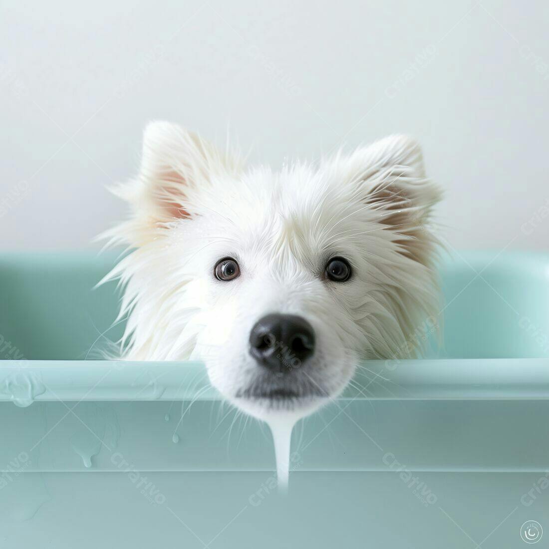 Cachorro branco molhado em banheira azul