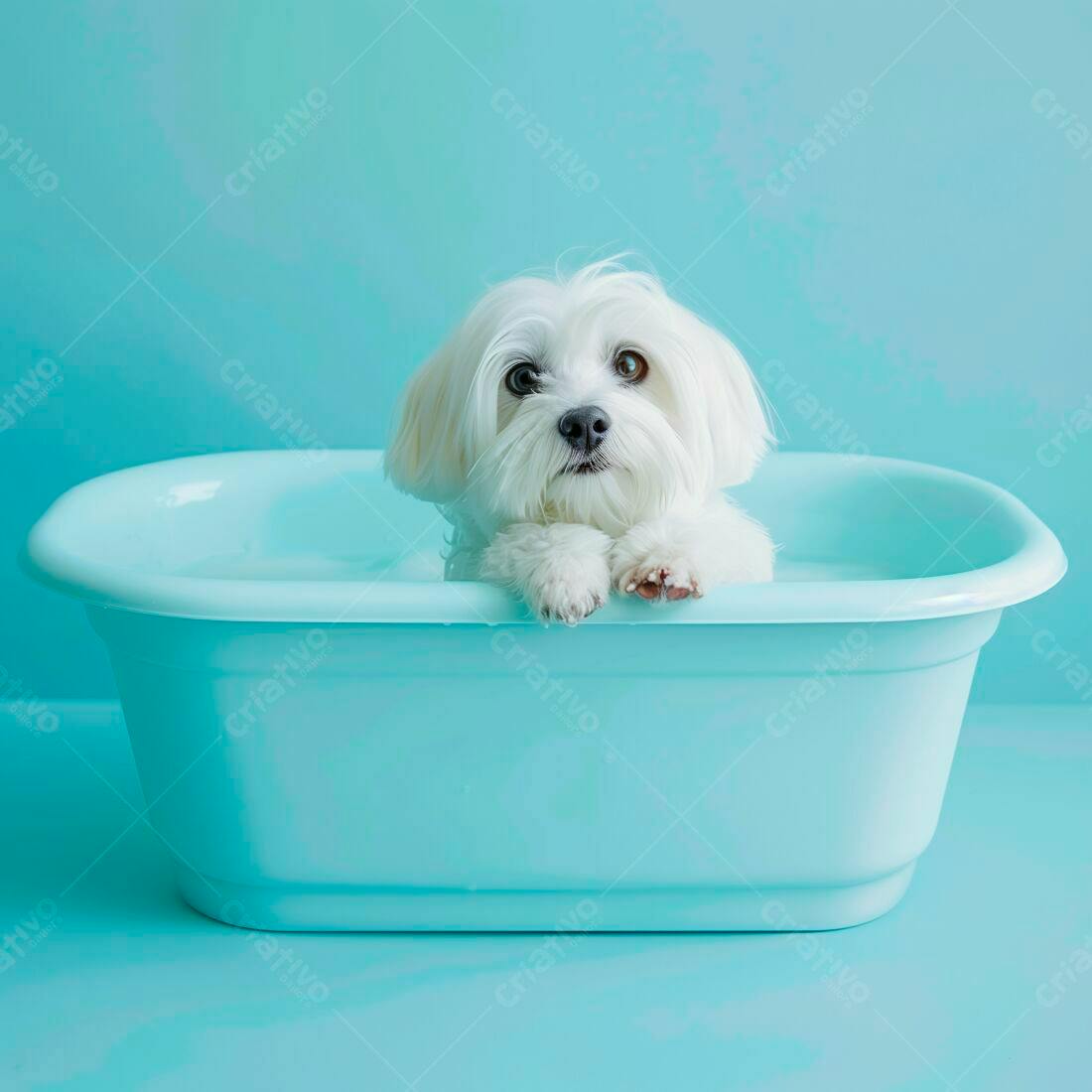 Cachorro Maltês em Banheira Azul