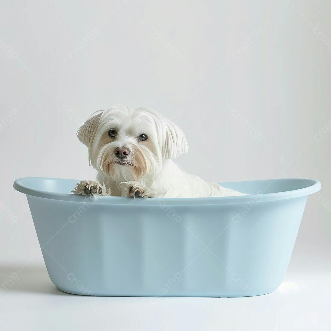 Cachorro branco em banheira azul claro