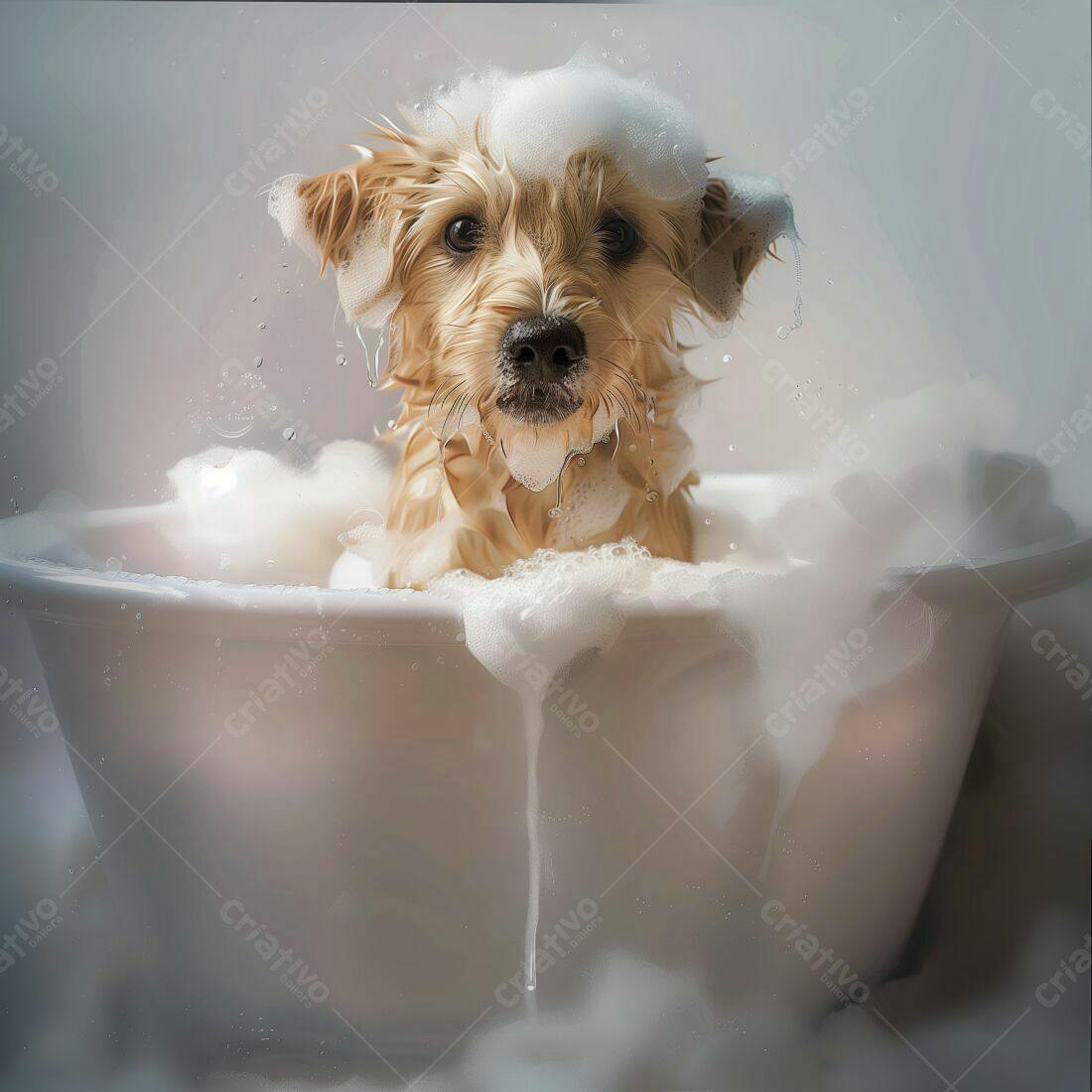 Cachorro banhando-se em espuma
