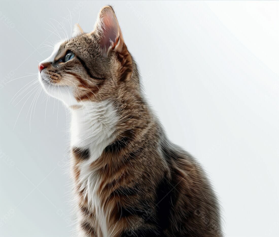 Gato marrom e branco olhando para cima