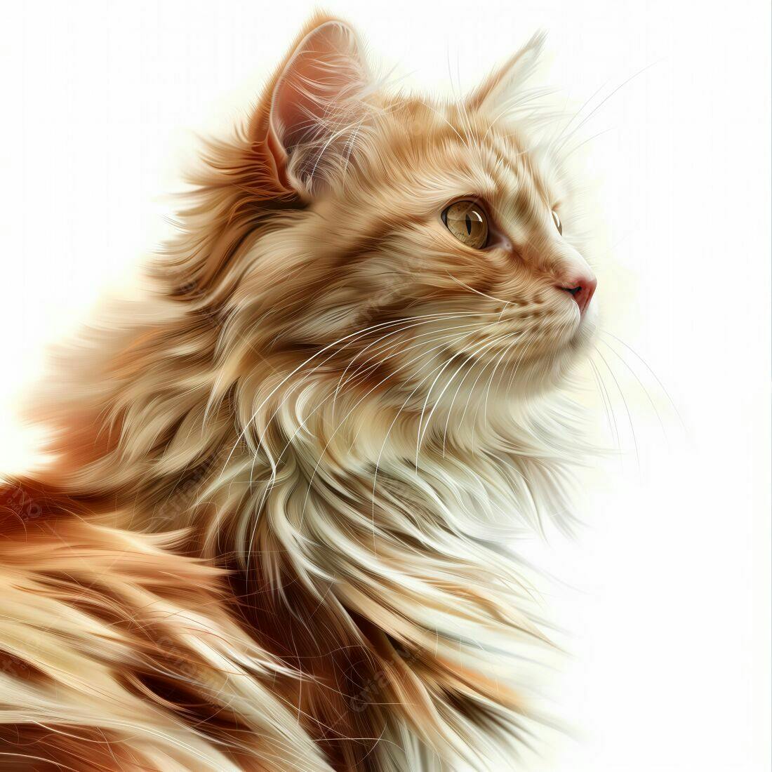 Gato ruivo de pelo longo em fundo branco