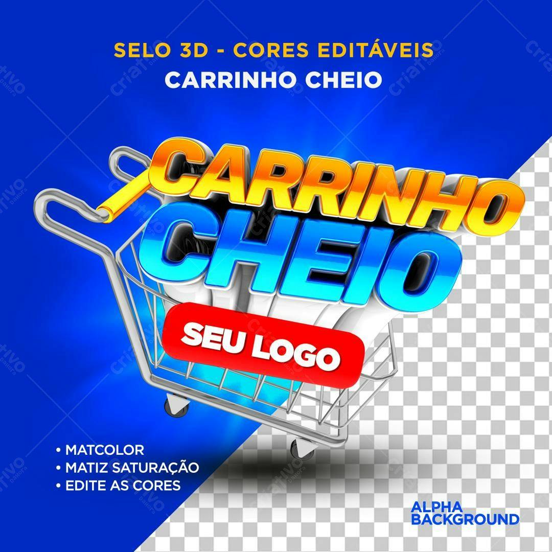 Selo 3D promocional carrinho cheio azul amarelo e vermelho