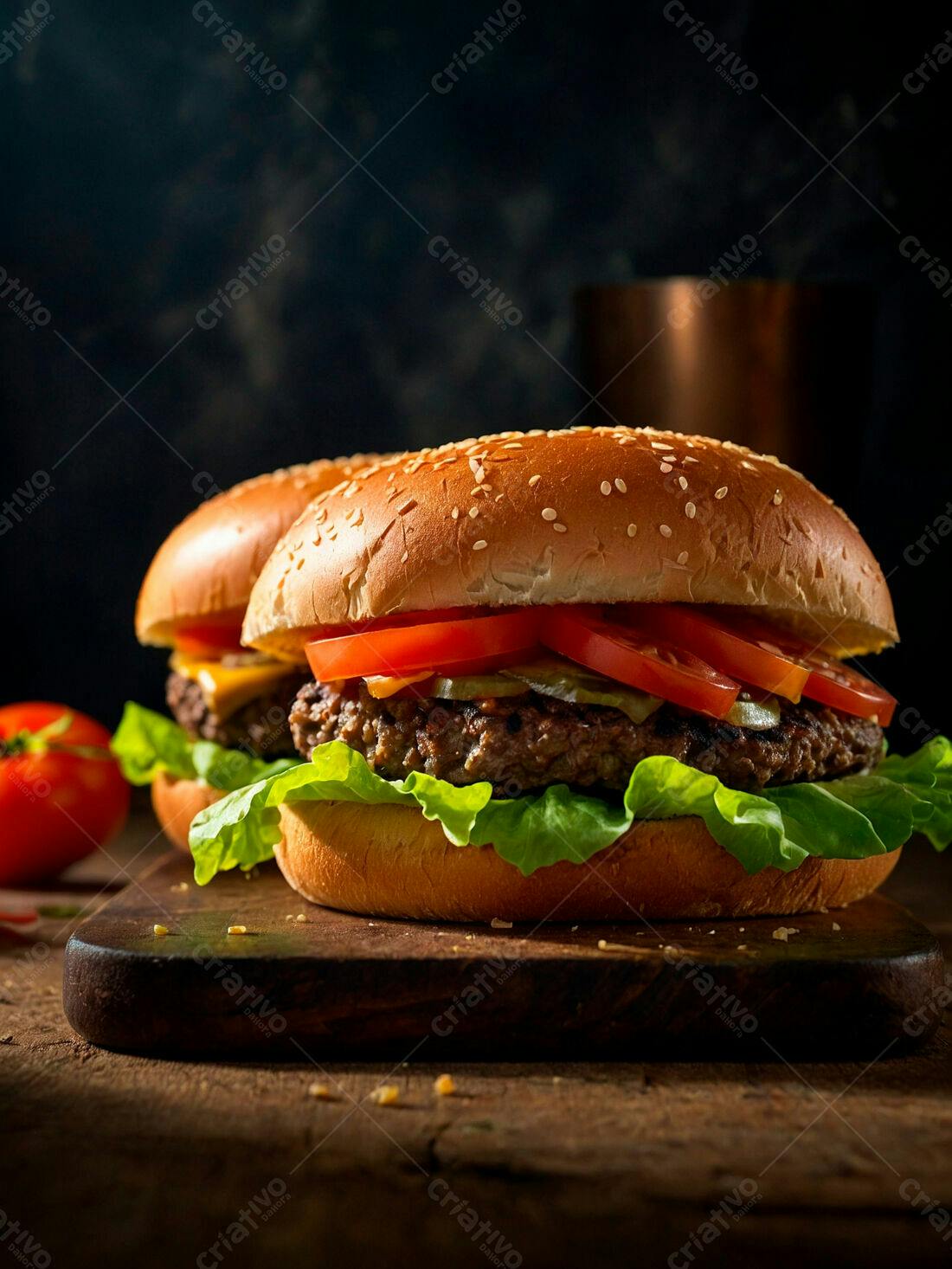 Deliciosos hambúrgueres com tomate e alface