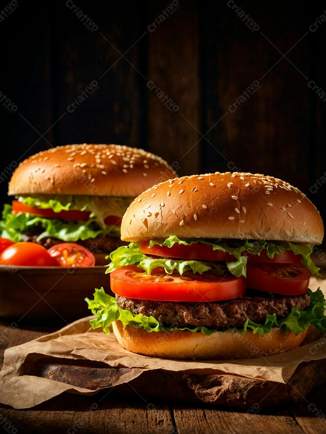 Deliciosos hambúrgueres com tomate e alface