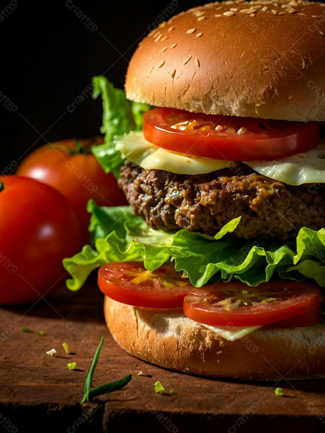 Hambúrguer suculento com queijo e tomate