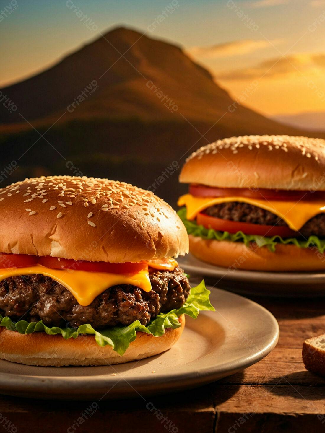 Cheeseburgers ao pôr do sol montanhoso