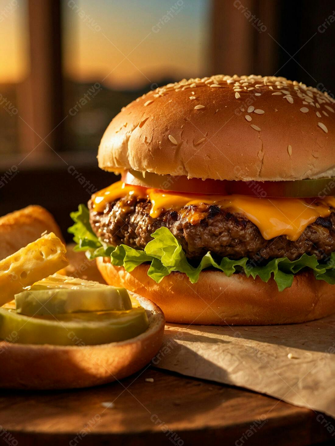 Cheeseburger suculento ao pôr do sol