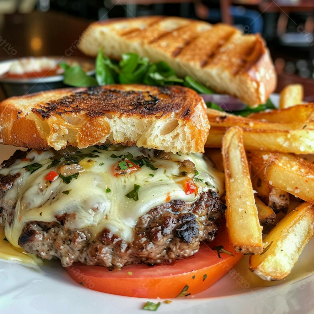 Lanche Com Carne E Queijo No Pão Italiano Grelhado 2