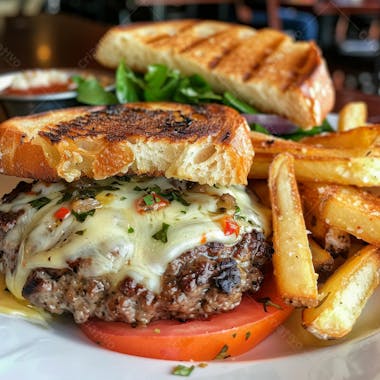 Lanche com carne e queijo no pão italiano grelhado 2