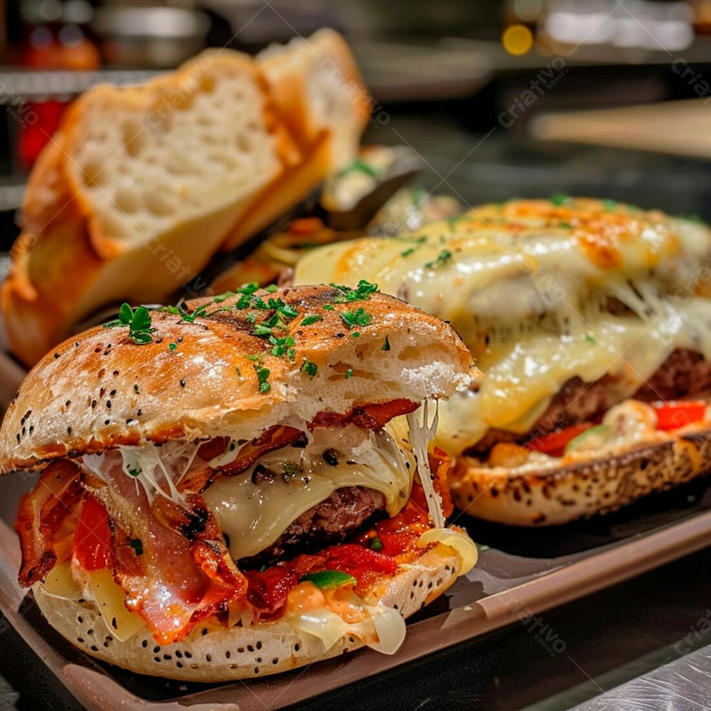 Lanche Com Carne E Queijo No Pão Italiano Grelhado 3