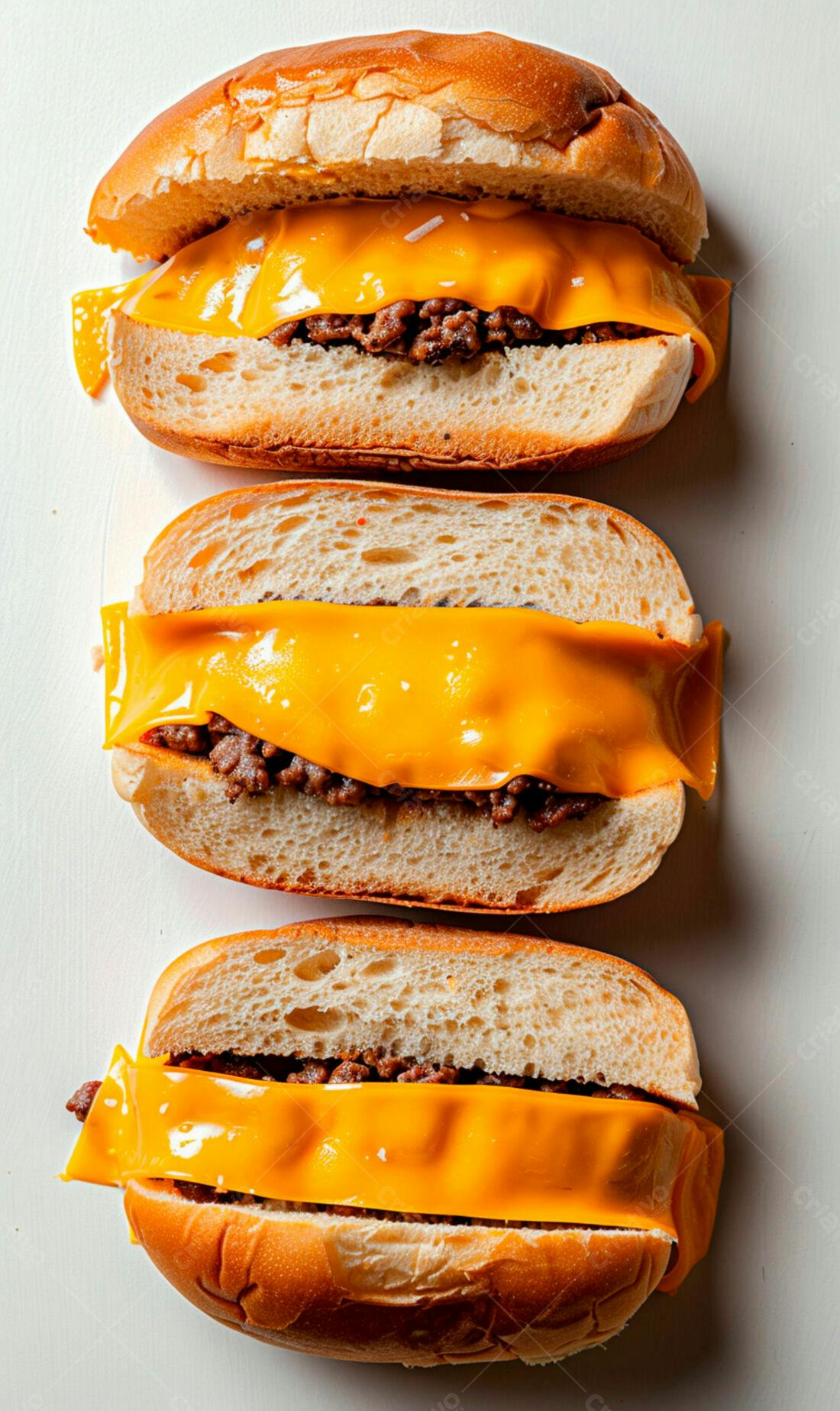 Três sanduíches de carne moída e queijo cheddar