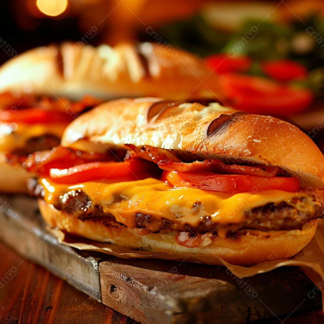 Sanduíche de carne com bacon e queijo cheddar