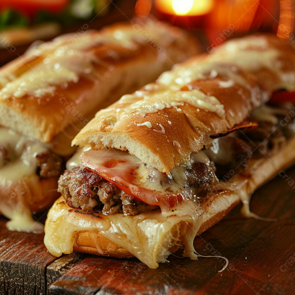 Lanche Com Carne E Queijo No Pão Italiano Grelhado 8