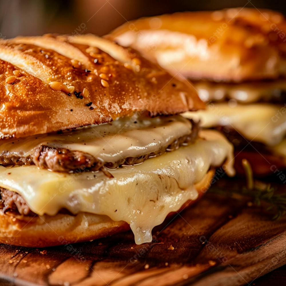Lanche Com Carne E Queijo No Pão Italiano Grelhado 16
