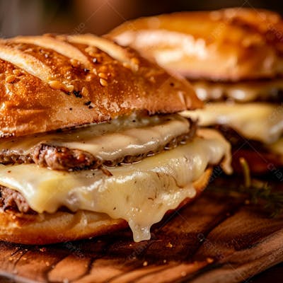 Lanche Com Carne E Queijo No Pão Italiano Grelhado 16
