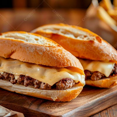 Lanche Com Carne E Queijo No Pão Italiano Grelhado 19
