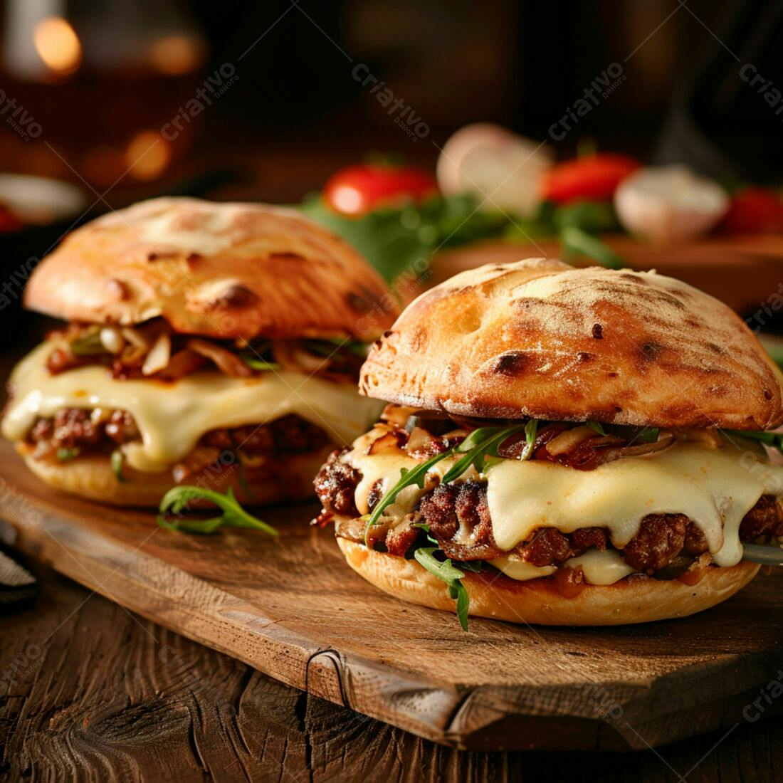 Hambúrgueres gourmet com queijo derretido