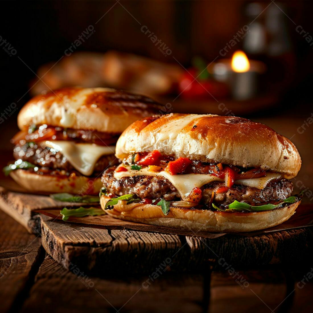 Hambúrgueres gourmet com queijo e pimentão