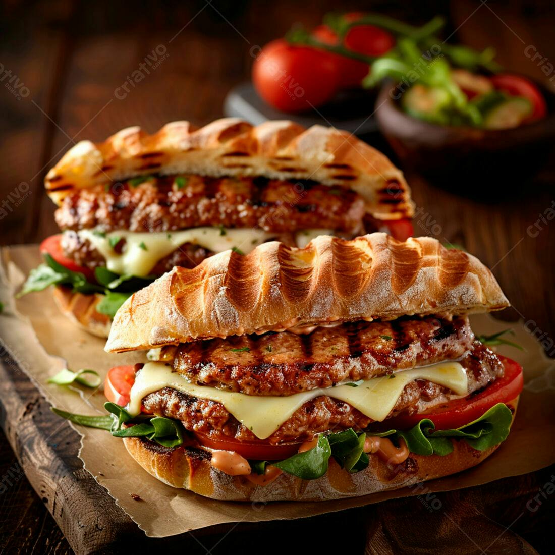 Sanduíche de carne grelhada com queijo e tomate
