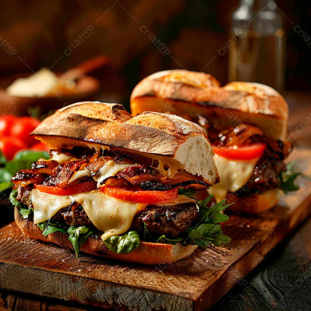 Lanche Com Carne E Queijo No Pão Italiano Grelhado 33