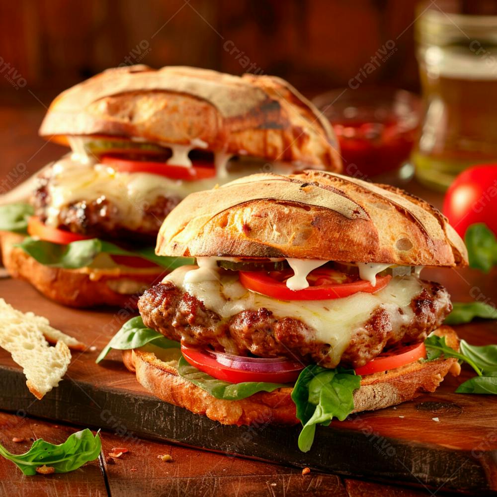 Lanche Com Carne E Queijo No Pão Italiano Grelhado 35