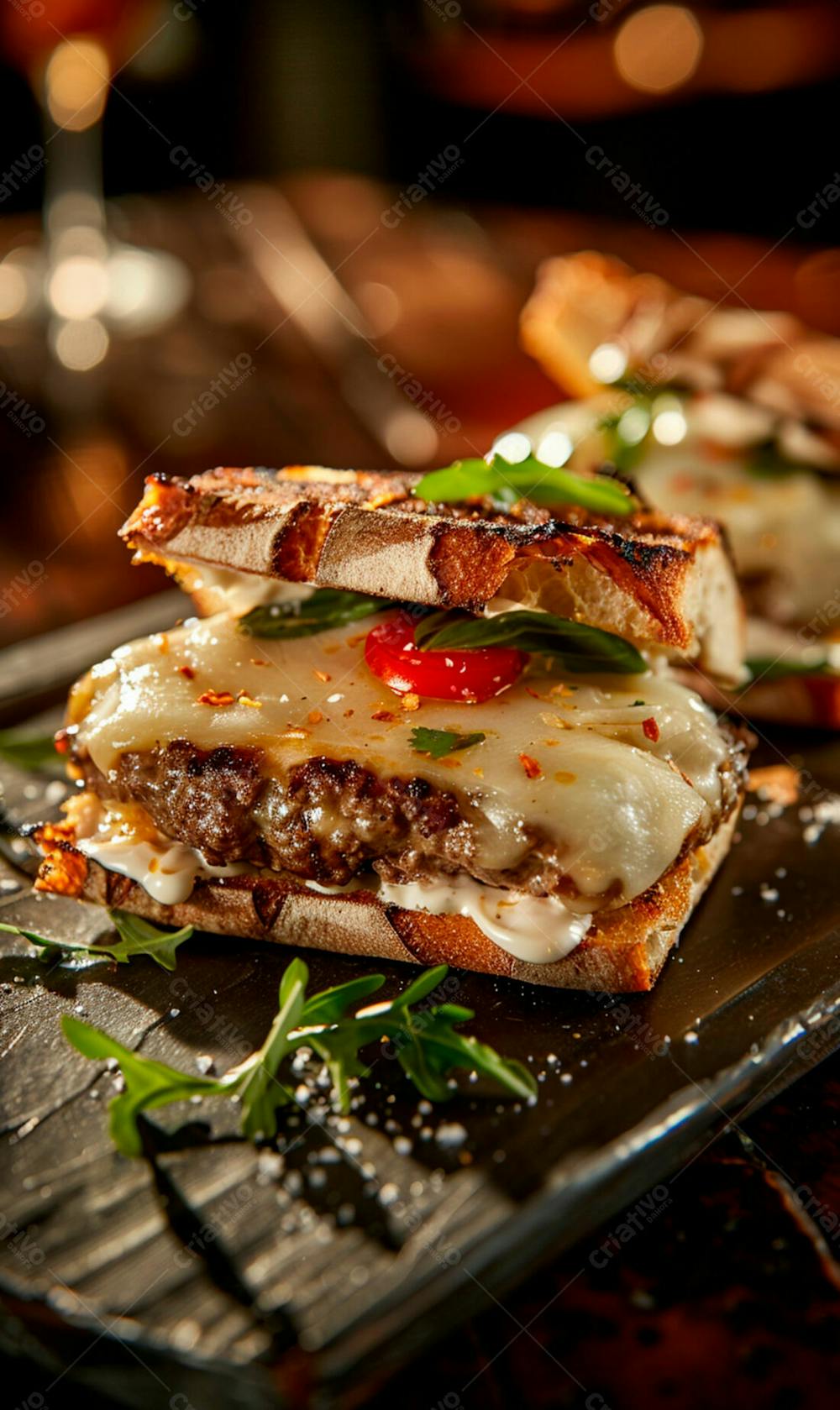 Lanche Com Carne E Queijo No Pão Italiano Grelhado 36