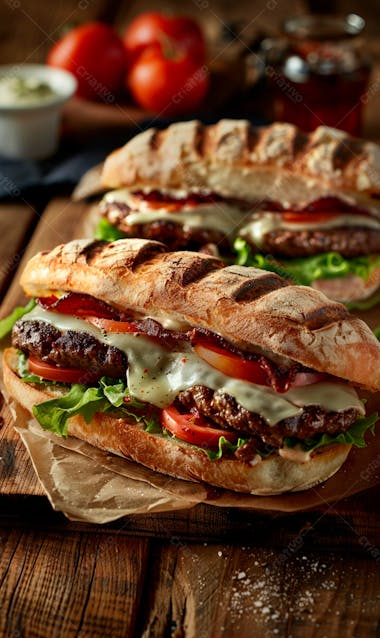 Lanche com carne e queijo no pão italiano grelhado 37