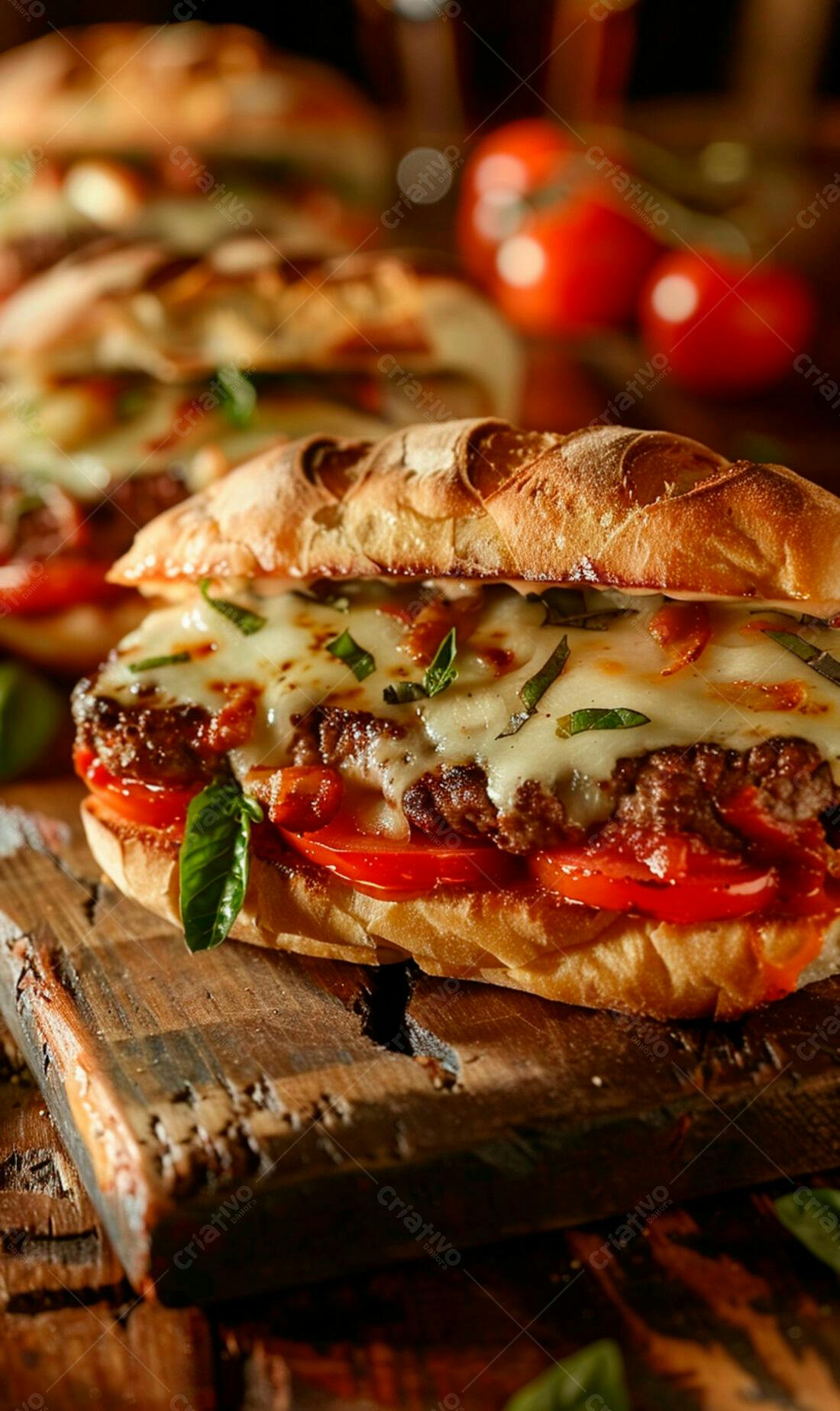Sanduíche de carne com queijo e tomate