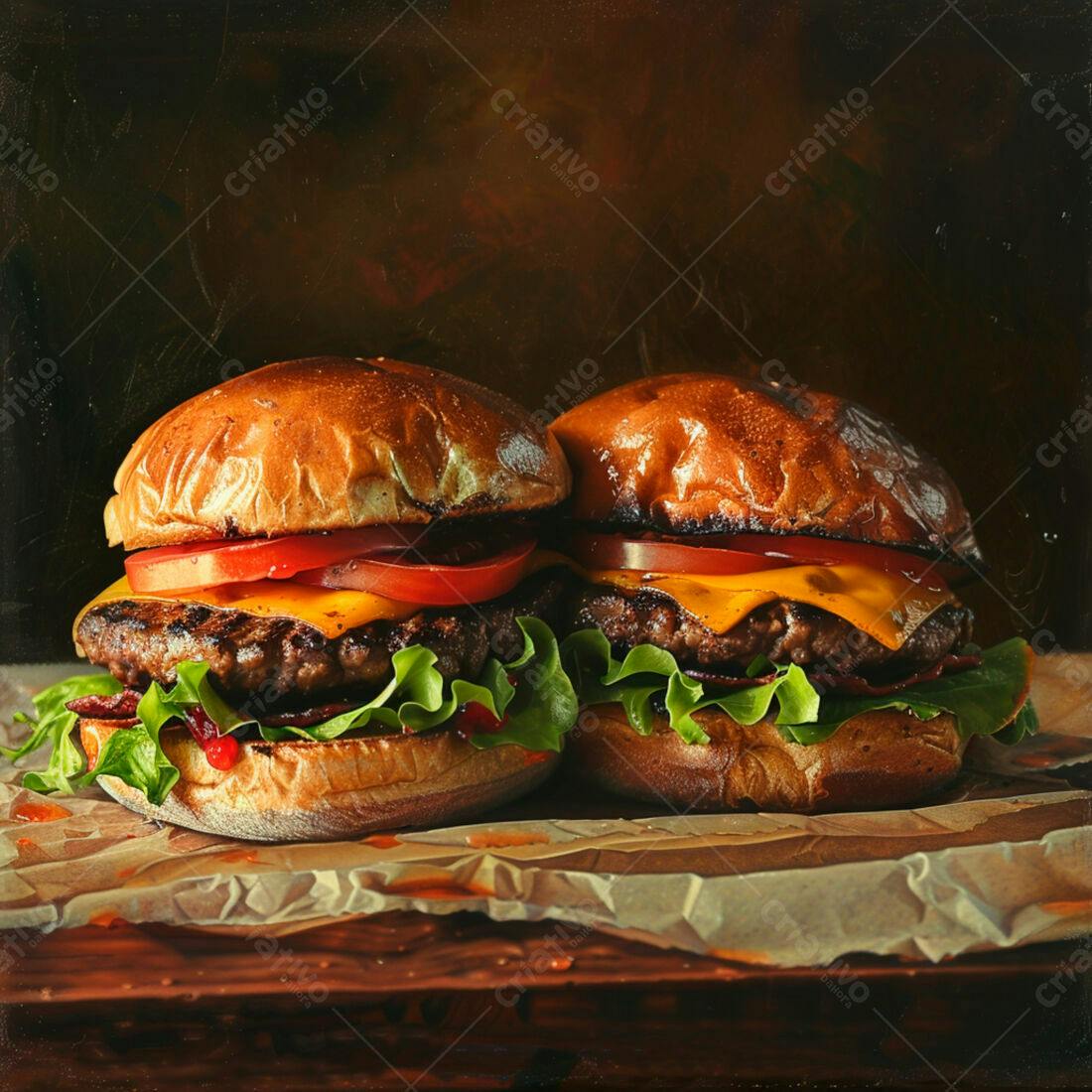 Deliciosos hambúrgueres com queijo cheddar e tomate