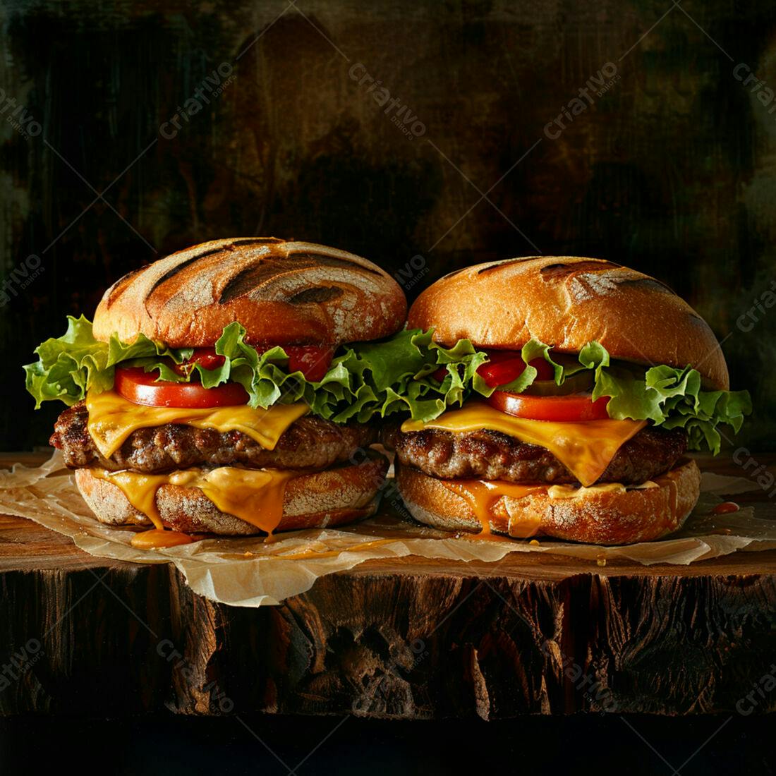 Duplo Cheeseburger suculento em madeira escura