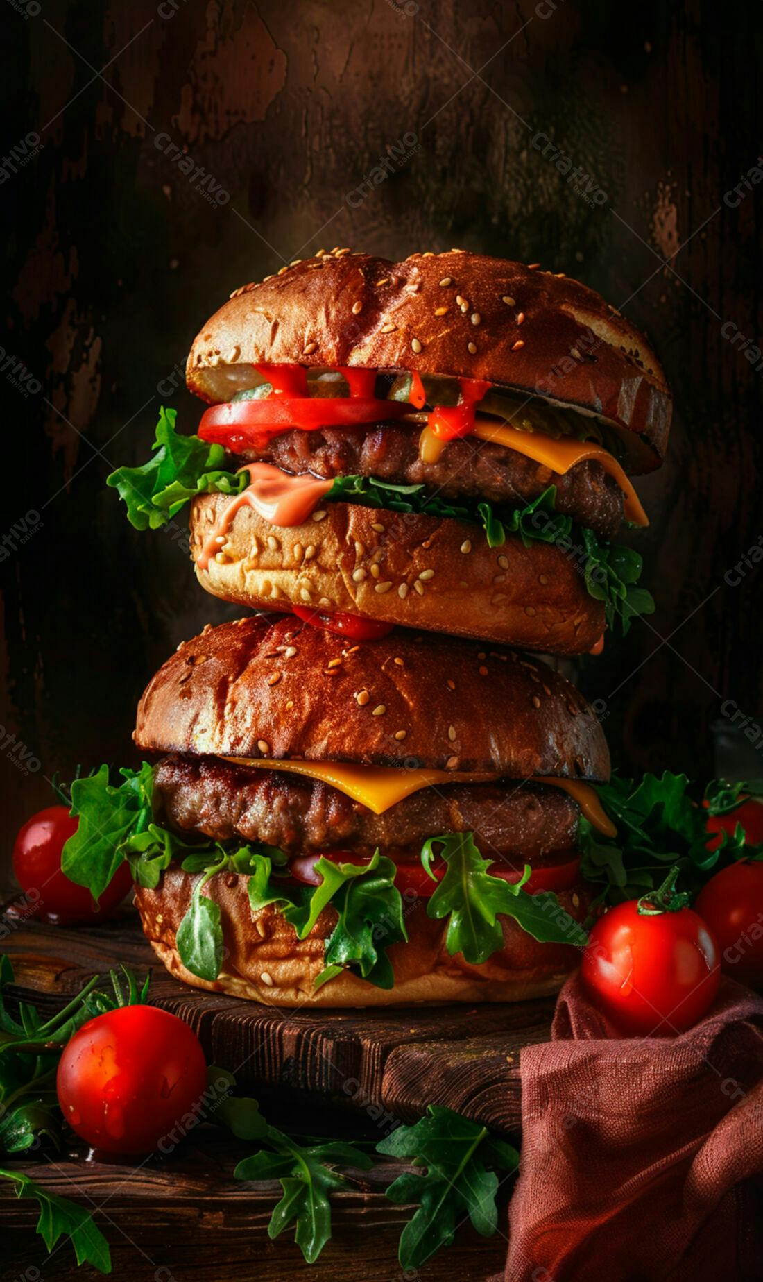 Duplo Hambúrguer suculento com queijo e tomate