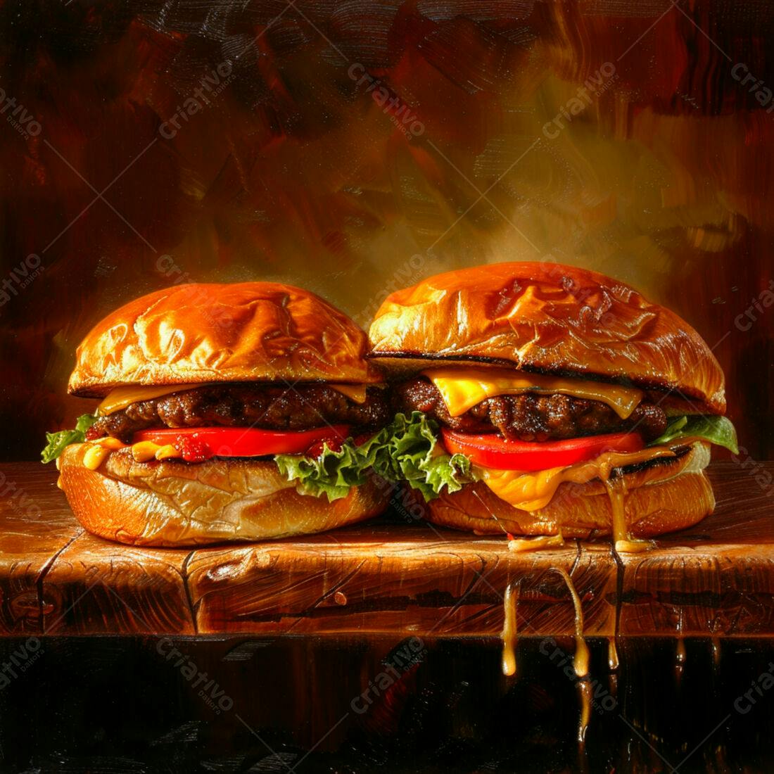Deliciosos Cheeseburgers em Mesa de Madeira