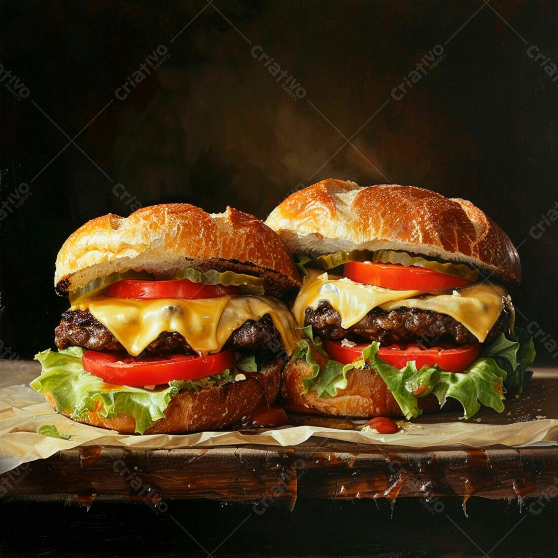 Duplo Cheeseburger suculento em mesa rústica