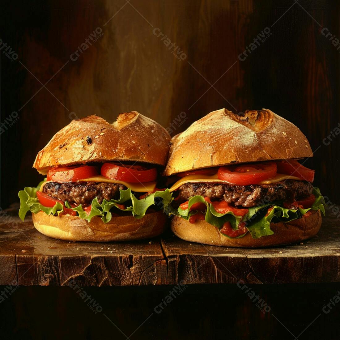 Deliciosos Cheeseburgers em Mesa Rustica