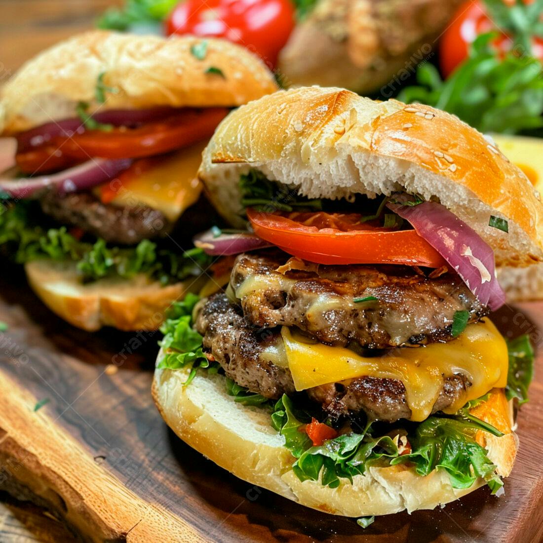 Duplo hambúrguer suculento com queijo e salada