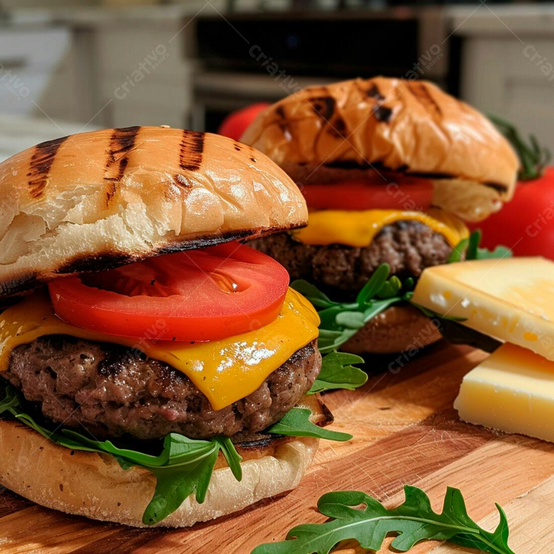 Hambúrgueres artesanais com queijo cheddar e tomate