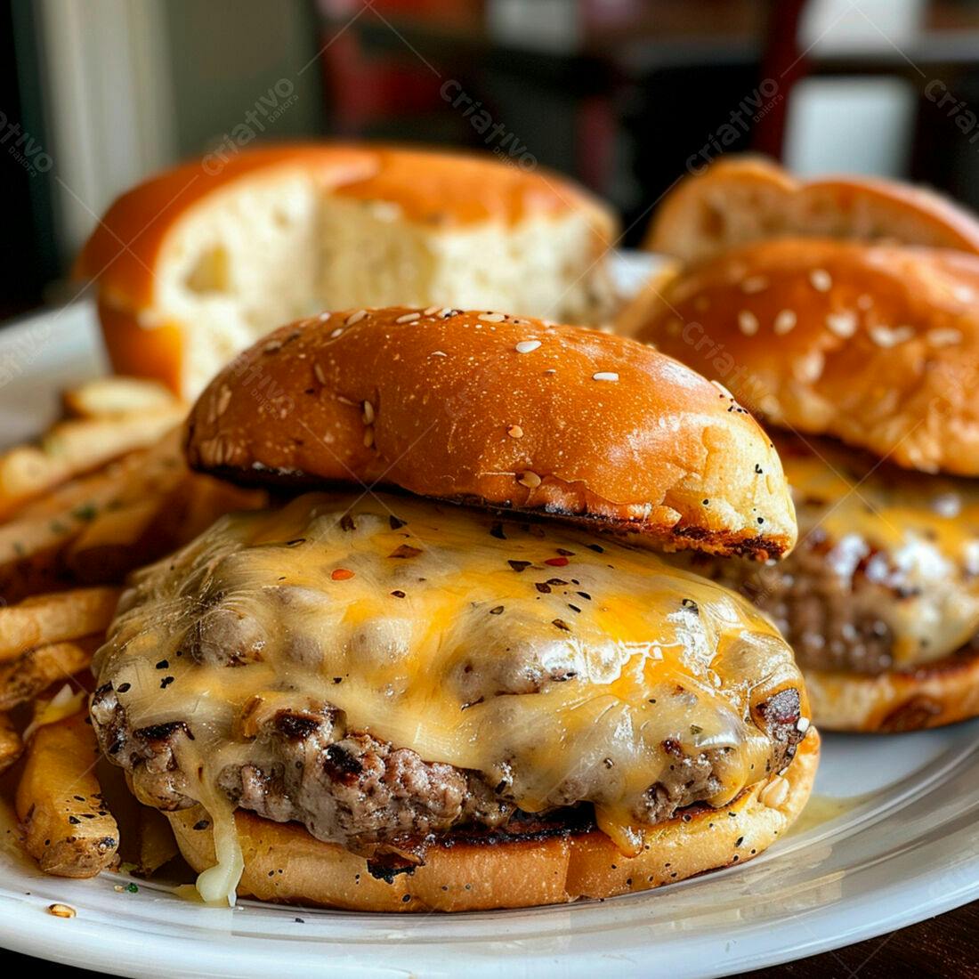 Cheeseburger suculento com batatas fritas