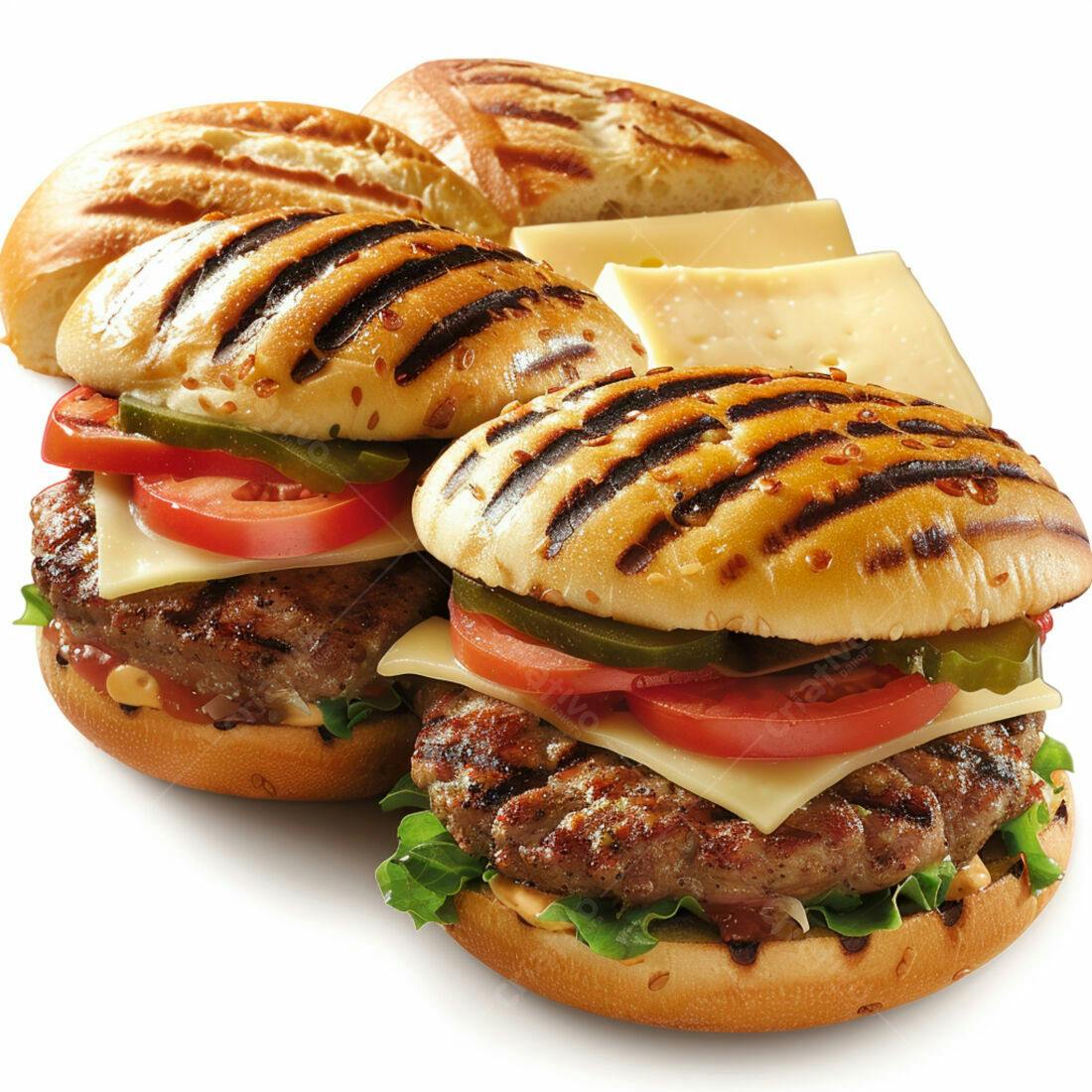 Hambúrgueres grelhados com queijo e tomate